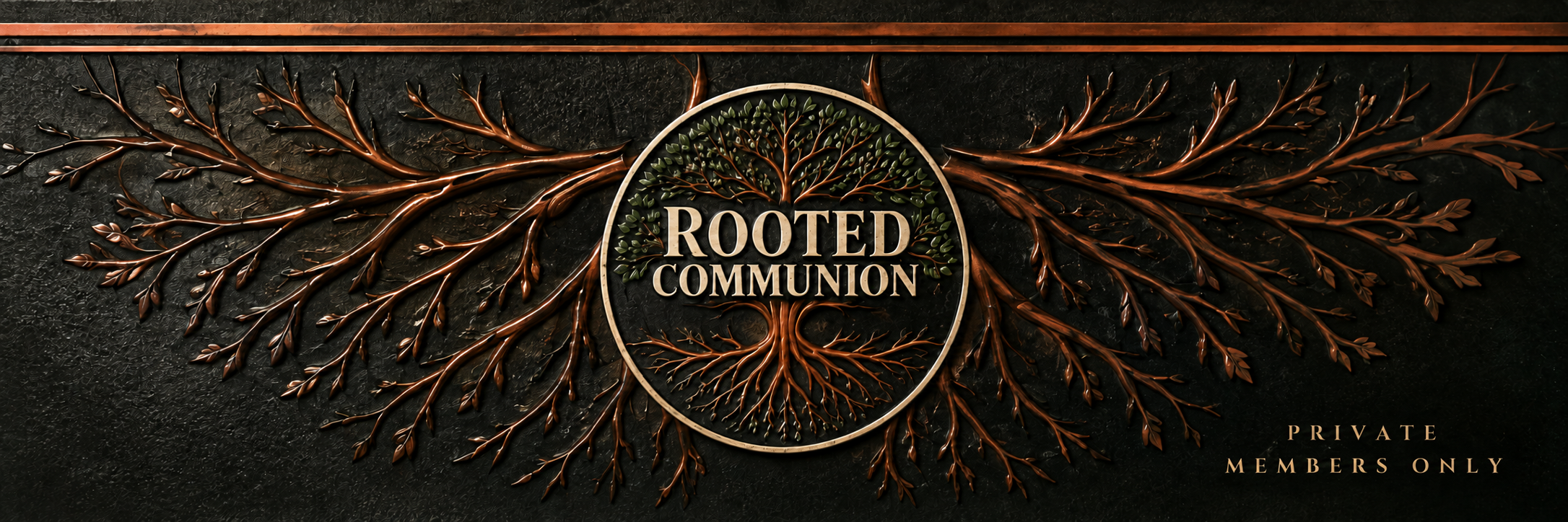 Rooted Communion central tree emblem with copper roots on textured charcoal, with Private Members Only lettering